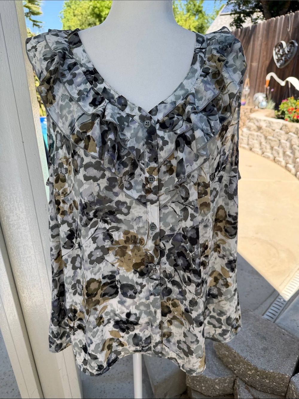 CAbi Watercolor Floral Ruffle Button-Front Blouse in Black, Gray & Olive